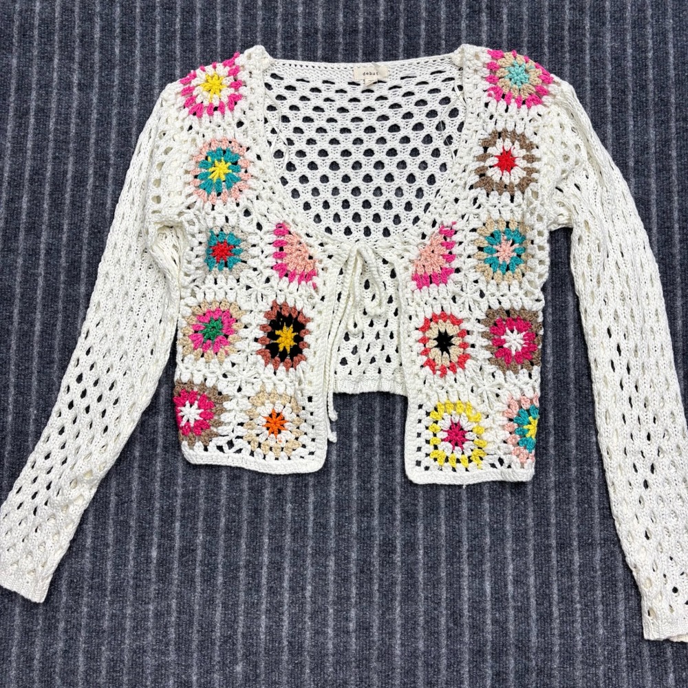 Debut Crochet Cardigan S Cream Multi Excellent Boho Granny Square STA1251 (2192)